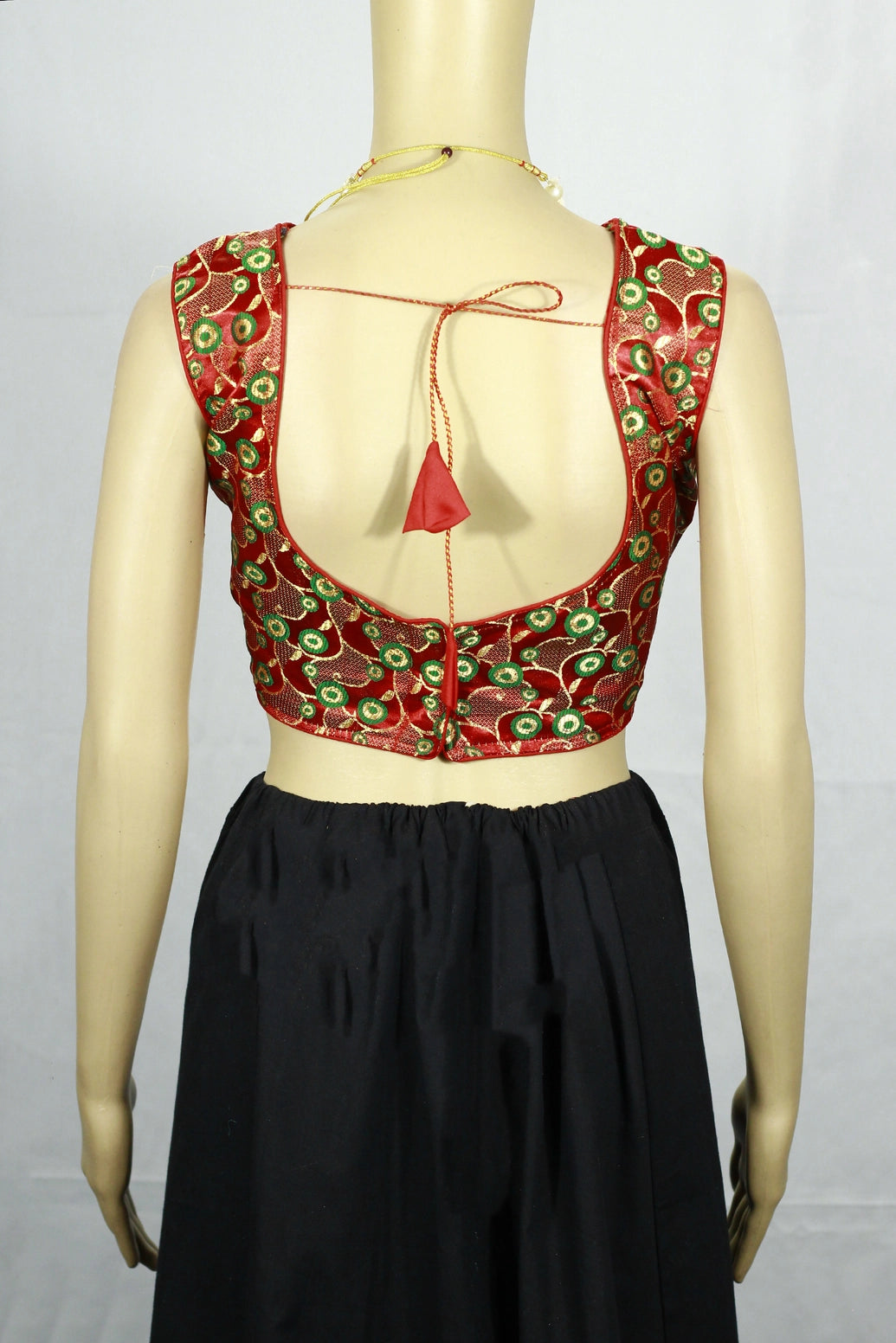 Red Readymade Designer Padded Blouse with Woven Circular Motifs and Zari Finish, Sleeveless Back Knot, Size 38