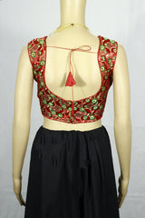 Red Readymade Designer Padded Blouse with Woven Circular Motifs and Zari Finish, Sleeveless Back Knot, Size 38