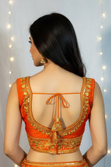 Orange Readymade Padded Saree Blouse with Heavy Gold Thread Embroidery and Sequin Work