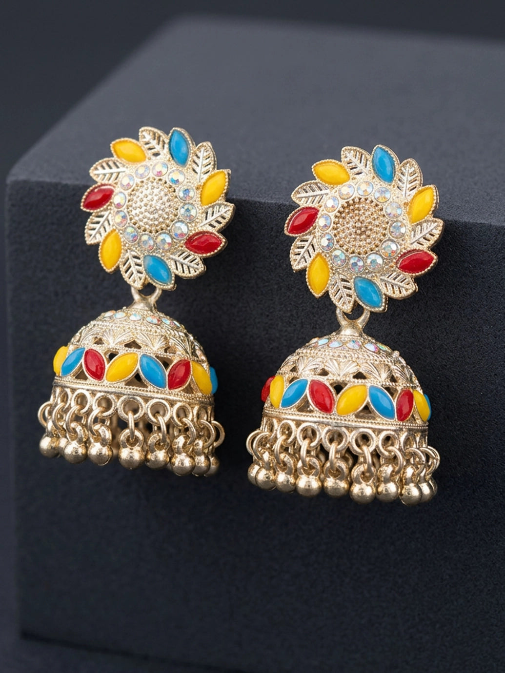 Silver Oxidized Multicolor Stone Jhumka Earrings with Stud Top and Dangler Beads