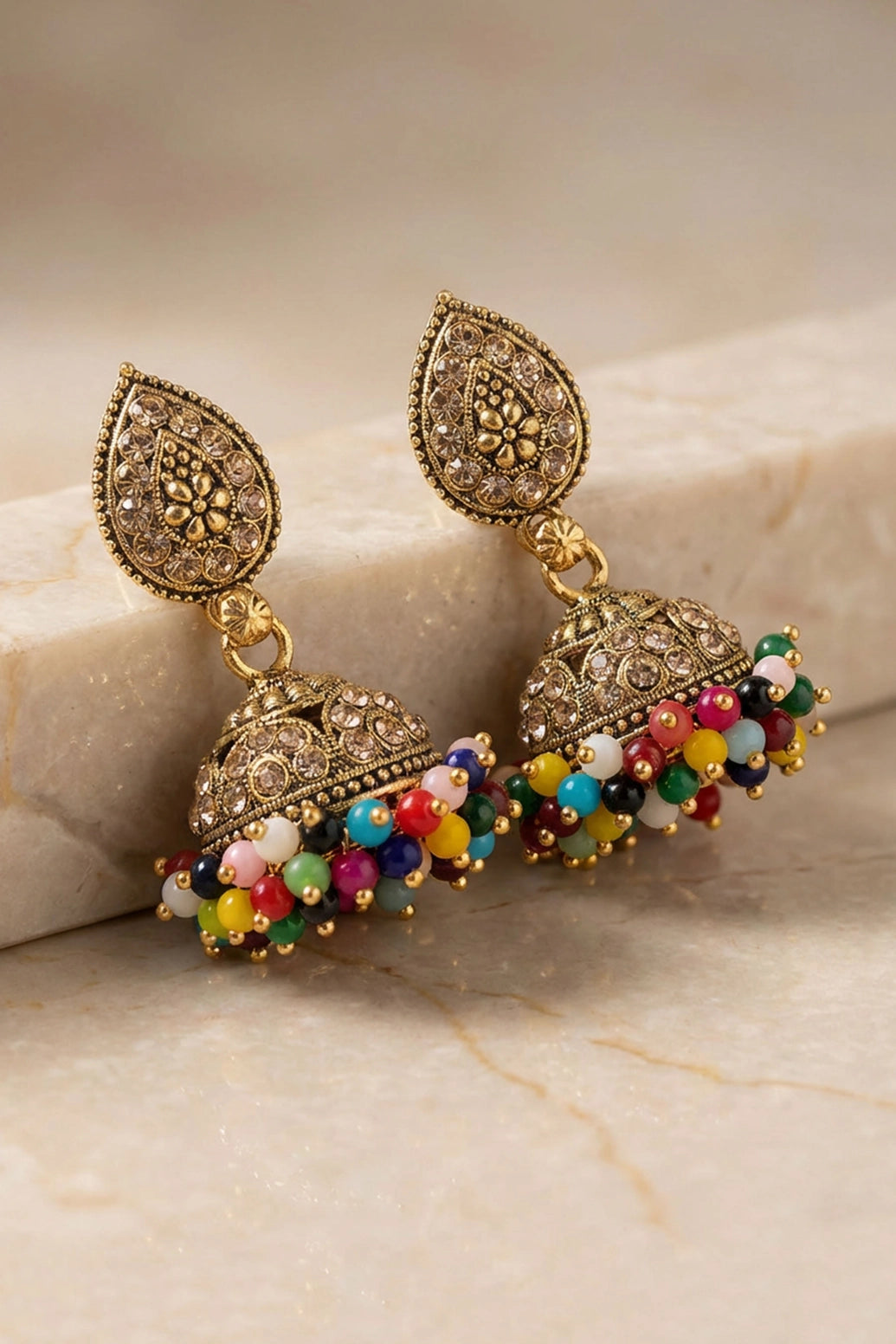 Traditional Multi-Color Jhumka Earrings with Dome Design, Gold-Tone Detailing & Bead Danglers