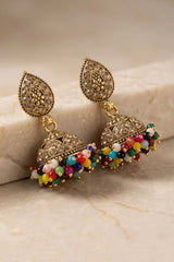 Traditional Multi-Color Jhumka Earrings with Dome Design, Gold-Tone Detailing & Bead Danglers