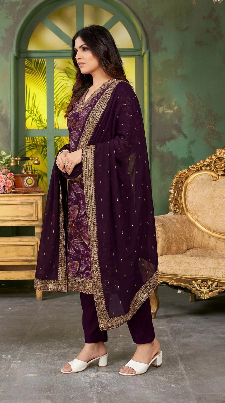 Purple Cotton 3-Piece Kurti Set with V-Neck Aari Work, Floral Print Pant & Jacquard Dupatta