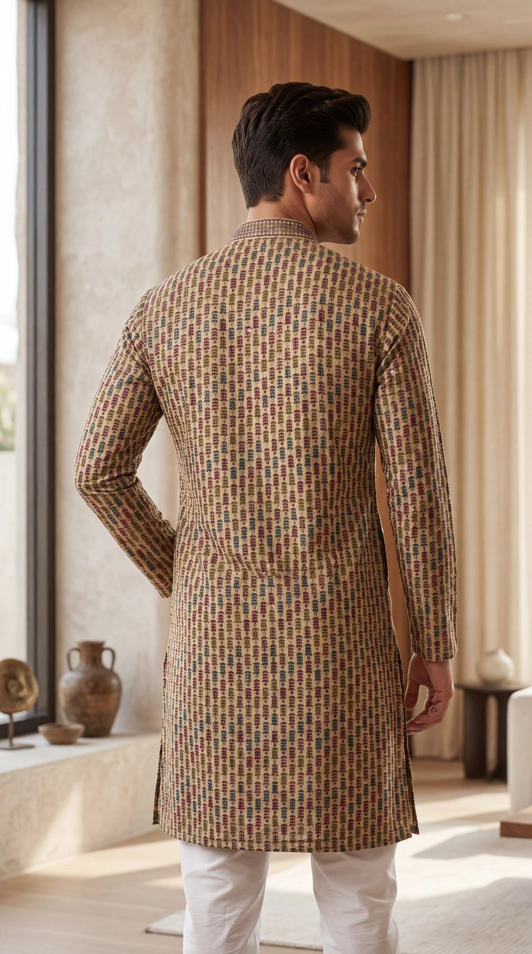 Men’s Beige Cotton Kurta with Multicolor Embroidery & Gold Sequin Detail (Pareek)