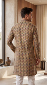 Men’s Beige Cotton Kurta with Multicolor Embroidery & Gold Sequin Detail (Pareek)