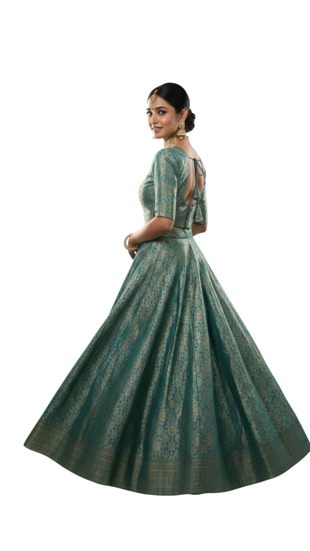 Green Brocade Silk Lehenga with Silver Zari Floral Weave and Matching Designer Blouse