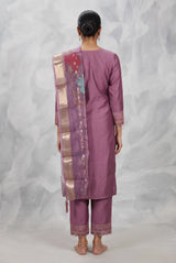 Mauve Pink Roman Silk 3-Piece Kurta Set with Embroidered Neckline, Elastic Pant & Printed Organza Dupatta