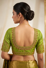 Lime Green Designer Padded Blouse with Zari Work Floral Paisley Motifs, U-Neck, Elbow Sleeves
