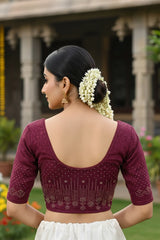 Maroon Readymade Designer Stretchable Blouse with Stone Work Floral Geometric Pattern, Elbow Sleeve