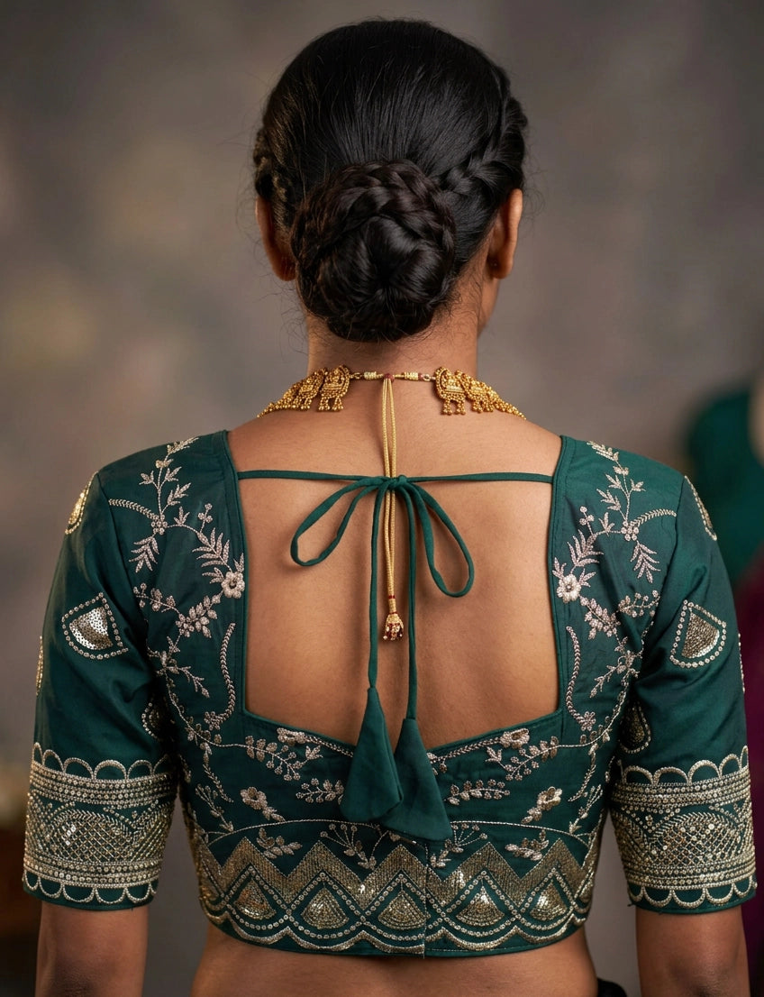 Green Designer Padded Blouse with Embroidery & Sequence Work, Elbow Sleeve, Back Knot, Readymade, Fully Stitched