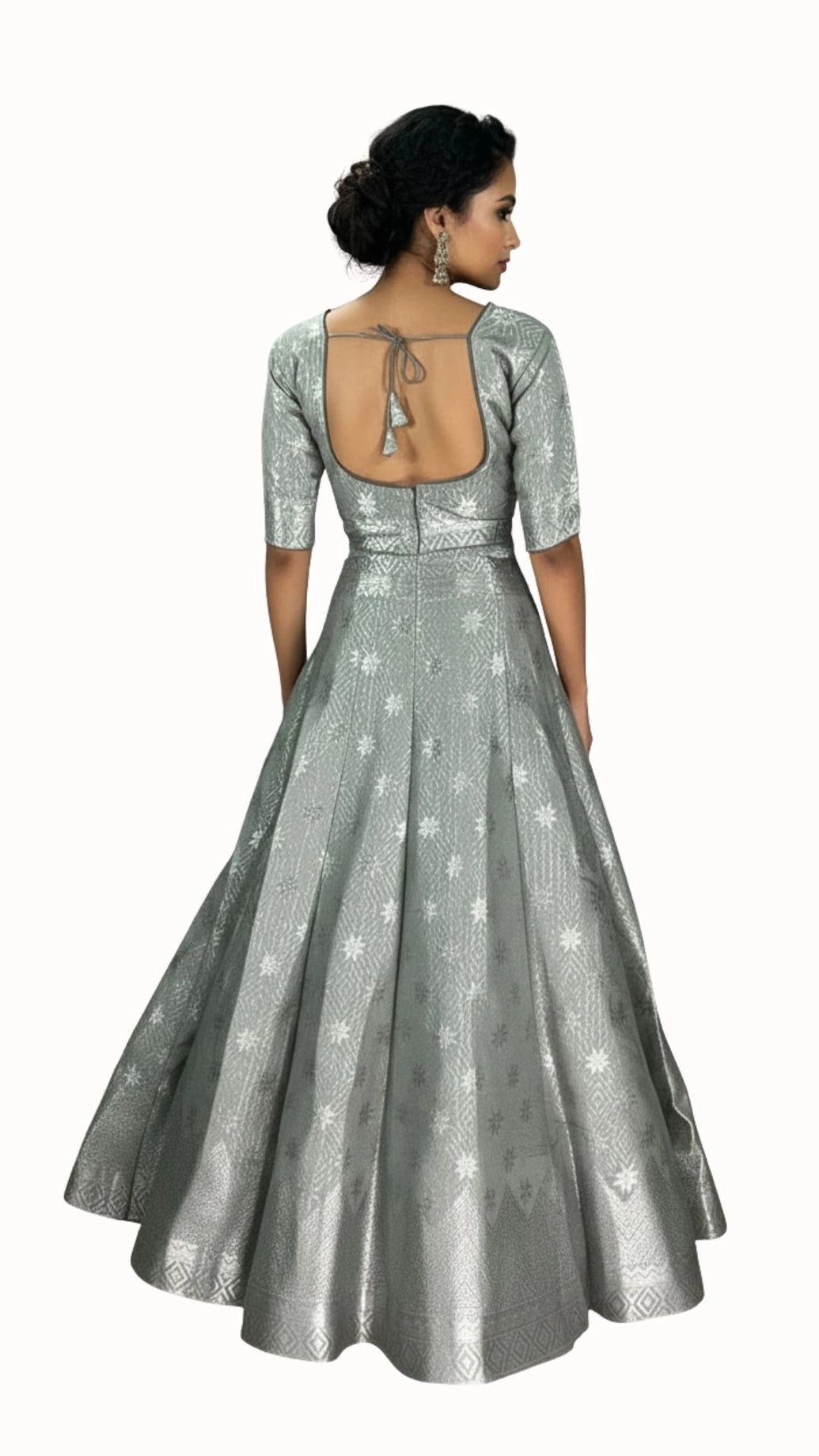 Grey Jacquard Silk Lehenga with Zari Woven Motifs and Matching Elbow Sleeve Blouse