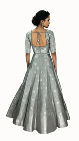Grey Jacquard Silk Lehenga with Zari Woven Motifs and Matching Elbow Sleeve Blouse