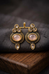Light Pink Oval Stud Earrings with Antique Gold-Tone Detail and Tiny Bead Accents for Traditional Wear