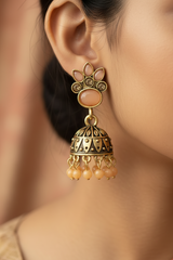 Antique Gold Peach Stone Jhumka Earrings with Beaded Drops