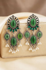 Green Oval Oxidized Silver-Tone Dangle Earrings with Pearl Drops for Traditional Festive Wear