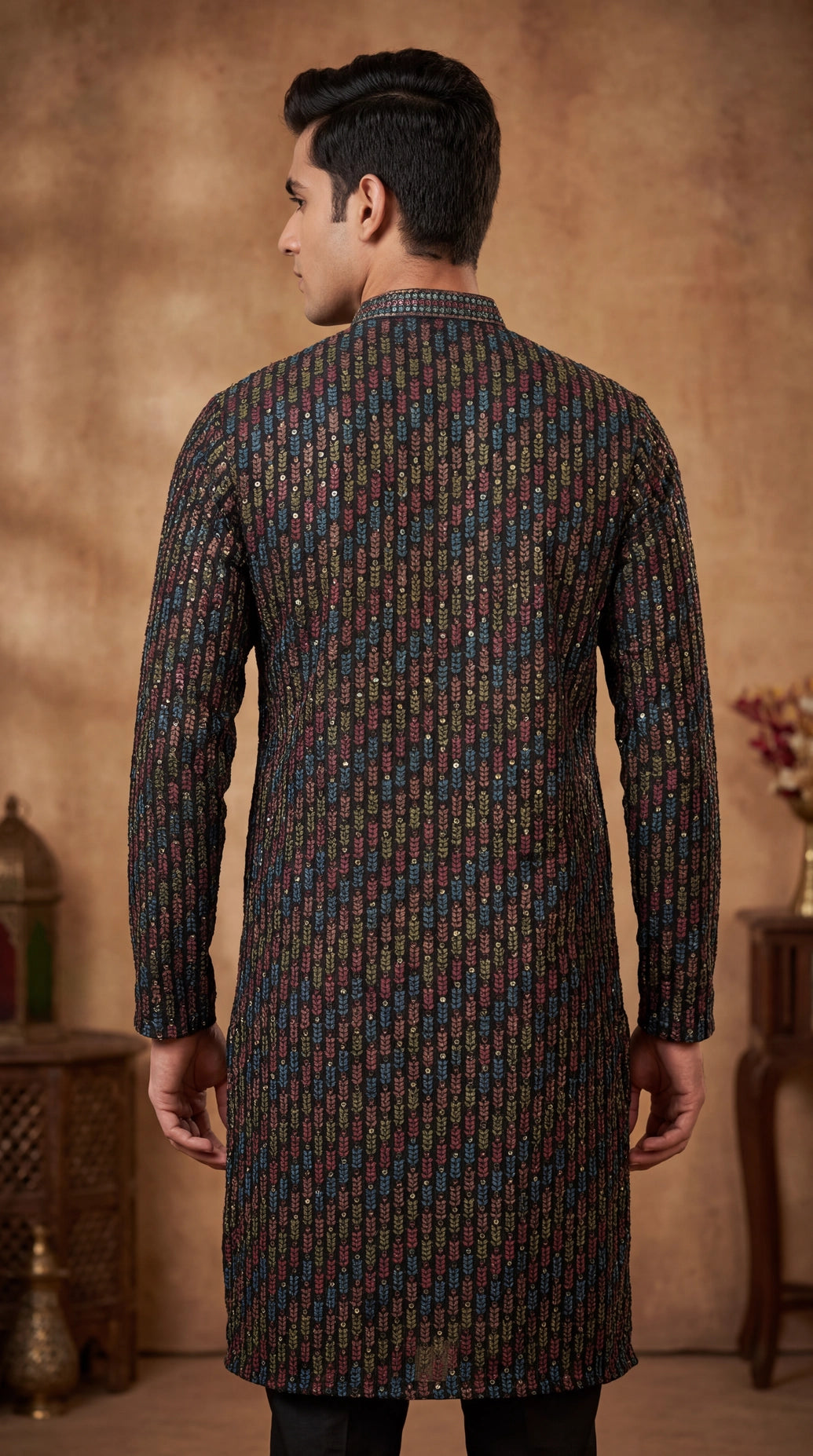 Men’s Black Cotton Kurta with Leaf Embroidery & Gold Sequin Work (Pareek) for Festive Wear