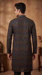Men’s Black Cotton Kurta with Leaf Embroidery & Gold Sequin Work (Pareek) for Festive Wear