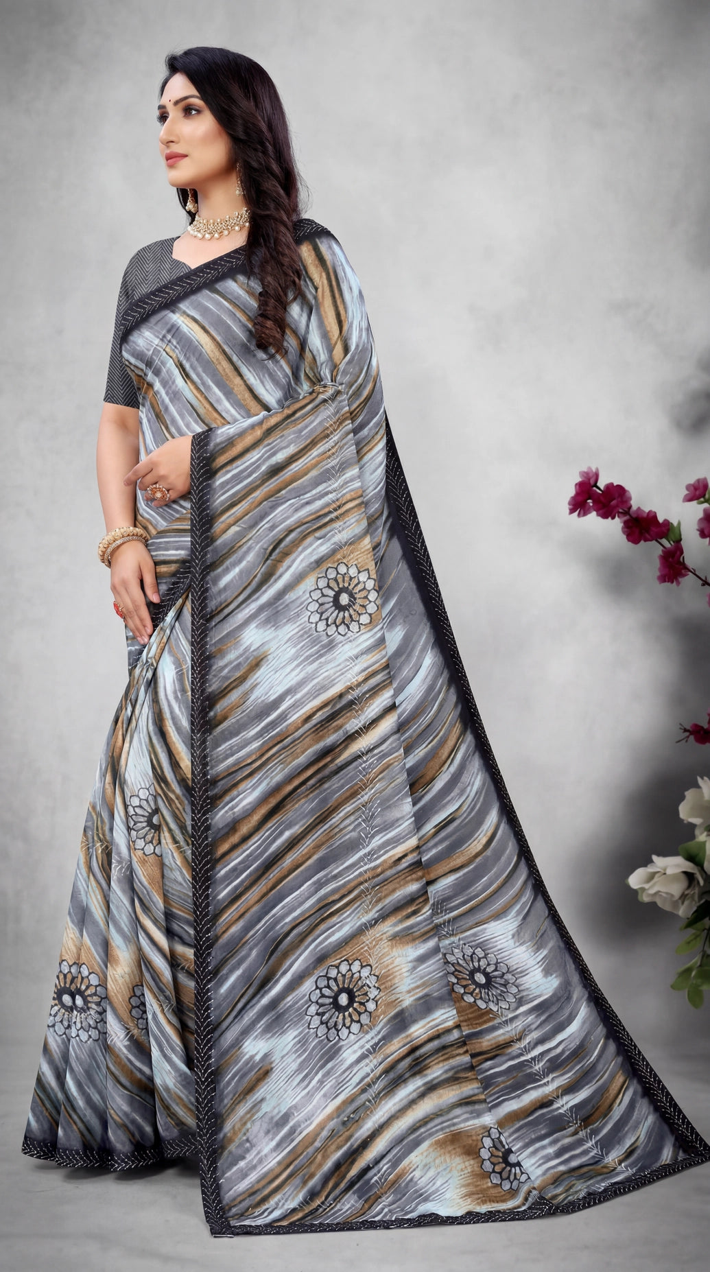 Navy Blue Georgette Saree with Printed Sirosaki Striped Motifs and Contrast Border
