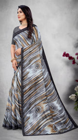 Navy Blue Georgette Saree with Printed Sirosaki Striped Motifs and Contrast Border