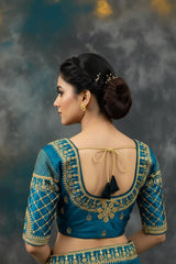 Teal Blue Designer Padded Blouse with Golden Zari Embroidery, Elbow Sleeves & Back Knot for Women
