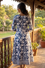 Navy Blue Cotton Anarkali Kurti with Geometric Floral Print, Golden Piping and Dori Detail