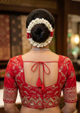 Red Designer Padded Blouse with Embroidery & Sequence Work, Elbow Sleeve, Back Knot, Readymade Fully Stitched