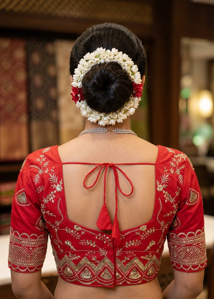 Red Designer Padded Blouse with Embroidery & Sequence Work, Elbow Sleeve, Back Knot, Readymade Fully Stitched