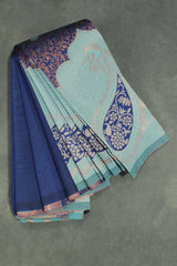 Blue Kubera Pattu Saree with Contrast Design Border and Blouse Piece for Semi Silk Look