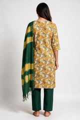Brown Floral Cotton 3-Piece Kurti Set with Elastic Pant and Matching Dupatta