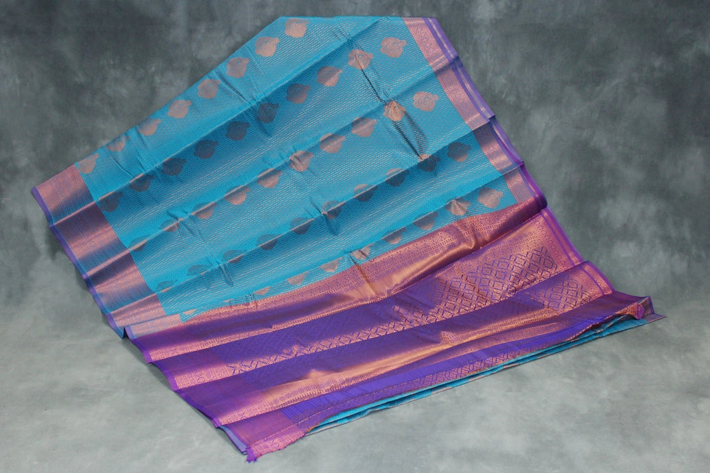 Blue Bridal Kanjivaram Style Pattu Saree with Full Body Zari Work and Contrast Border