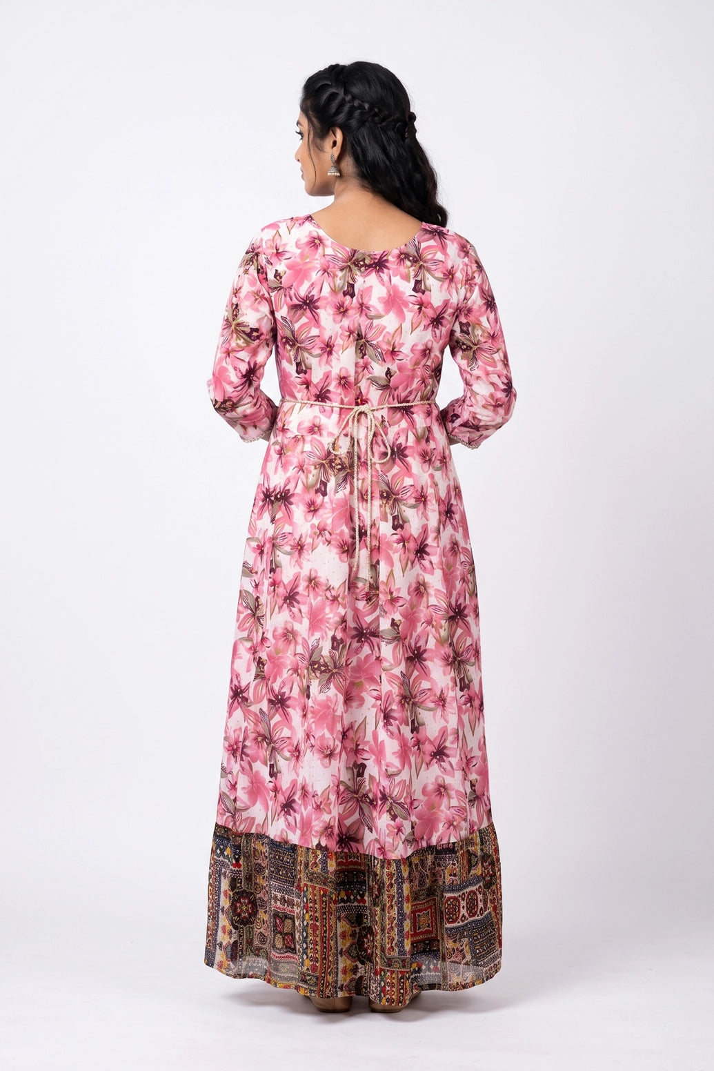 Pink Floral Rayon Anarkali Kurti with Stone Work, Round Neck and 3/4 Sleeves