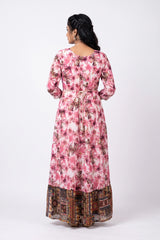 Pink Floral Rayon Anarkali Kurti with Stone Work, Round Neck and 3/4 Sleeves