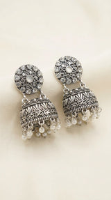 Oxidized Silver-Tone Jhumka Earrings with Studded Stones and Pearl Drops