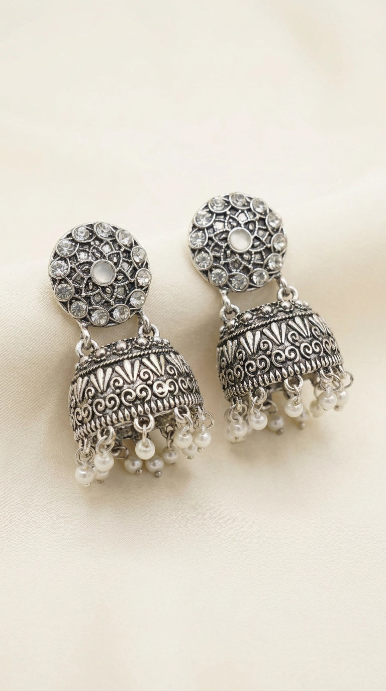Oxidized Silver-Tone Jhumka Earrings with Studded Stones and Pearl Drops
