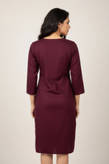 Wine Cotton Kurti with Vertical Diamond-Pattern Embellishment, Round Neck and 3/4 Sleeves