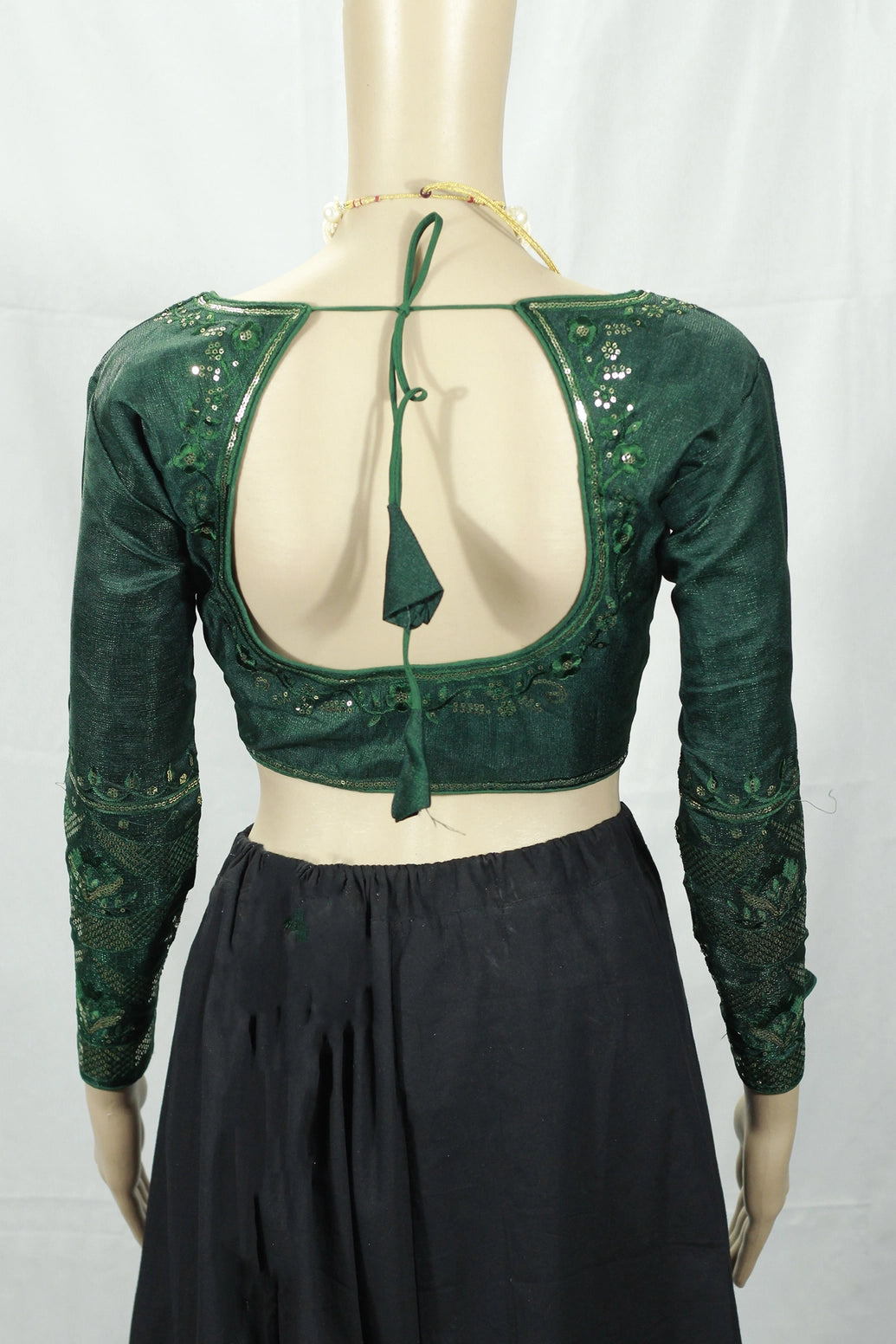 Green Readymade Padded Designer Blouse with Sequence Work, Full Sleeve and Back Knot, Fully Stitched