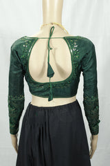 Green Readymade Padded Designer Blouse with Sequence Work, Full Sleeve and Back Knot, Fully Stitched