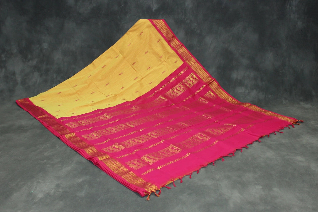 Yellow Silk Cotton Saree with Magenta Grand Pallu and Thick Gold Zari Border Saree JCS Fashions