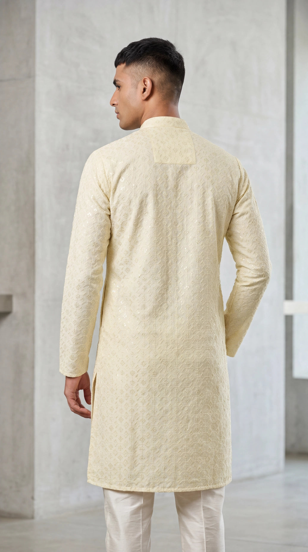Cream Lakhnavi Kurta for Men | Textured Ethnic Long Kurta with Mandarin Collar