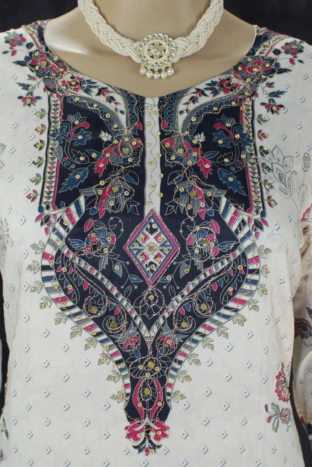 Light Cream Designer Crepe 3-Piece Salwar Suit with Mirror & Stone Work - Kurti, Pant & Cotton Dupatta