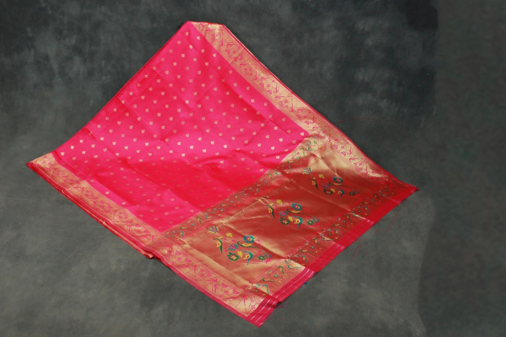Magenta Pink Paithani Pure Silk Saree with Zari Woven Peacock Pallu and Design Border