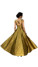 Olive Gold Antique Jacquard Silk Lehenga with Sleeveless Blouse and Zari Motifs