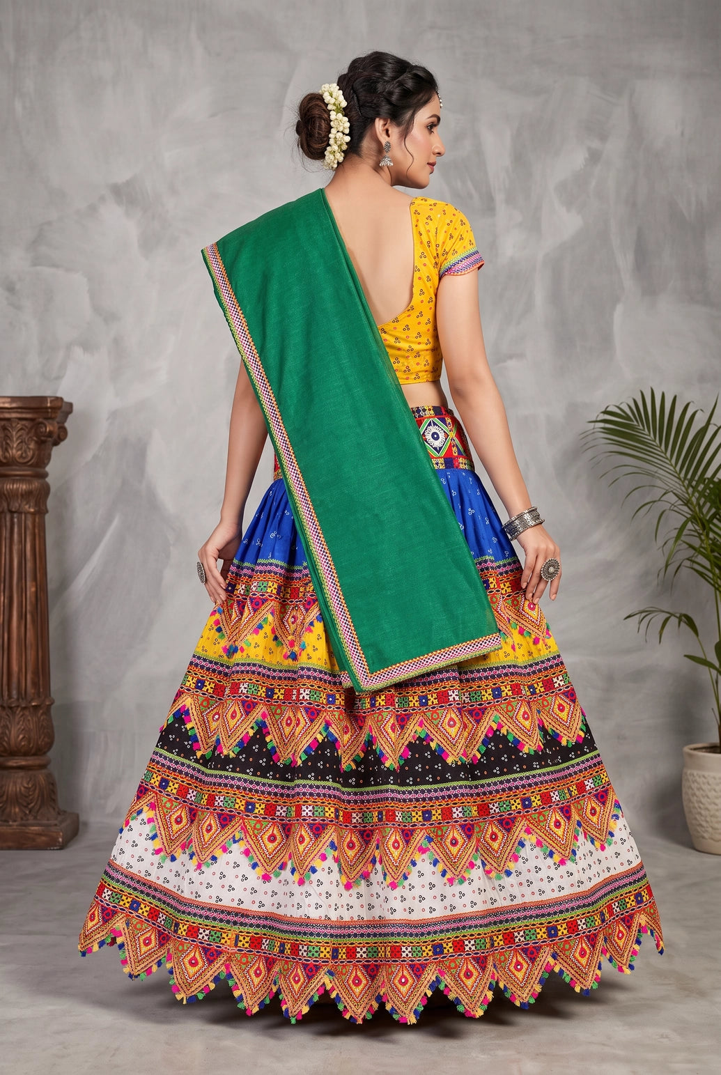 Designer Navratri Chaniya Choli Set with Kutchi Mirror Work and Bandhani Lehenga, Green Multi-Color Festive Wear