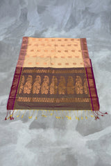 Sandal Soft Silk Saree with Korvai Style Gold Zari Buttas and Floral Border, Traditional Wedding Wear Saree
