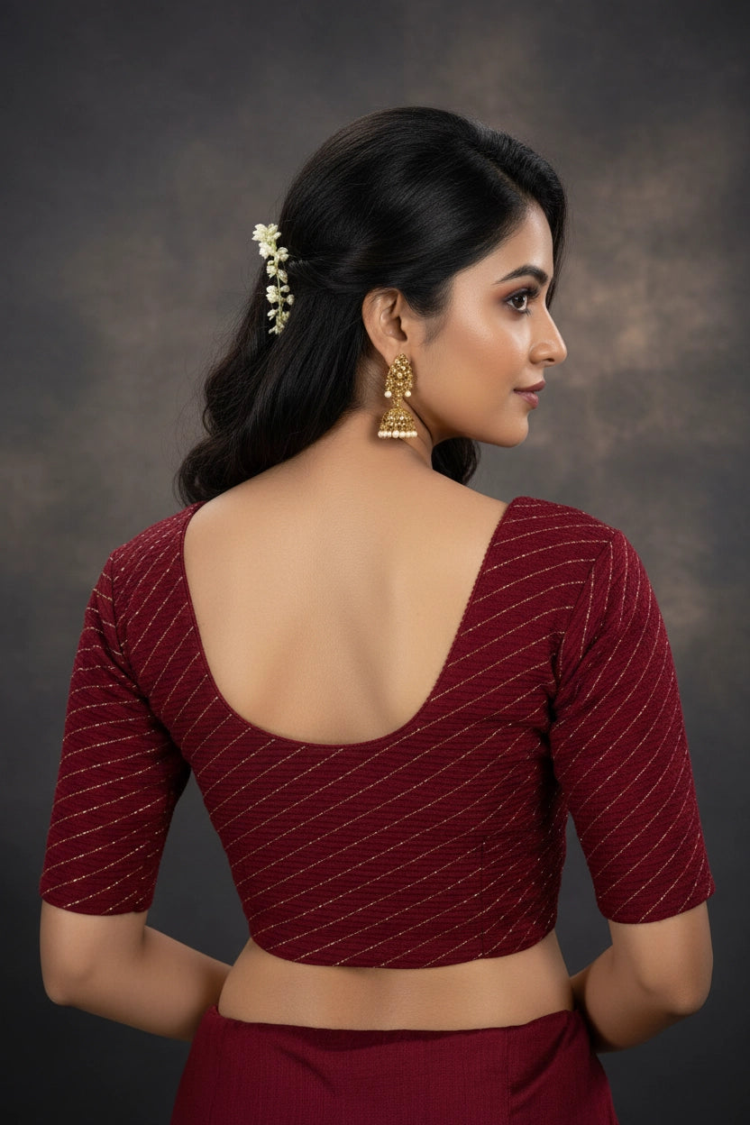 Maroon Leheriya Print Readymade Designer Stretchable Blouse with Elbow-Length Sleeves
