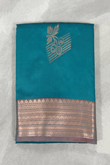 Teal Soft Silk Saree with Contrast Border and Gold Zari Buttas, Traditional Floral Border