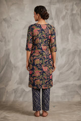 Navy Blue Rayon Floral Print Kurti with Elastic Pant 2-Piece Set for Women