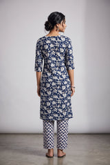 Navy Blue Floral Rayon Kurti Set with Gold Button Placket and Elastic Waist Pant