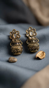 Grey Antique Gold-Tone Floral Stud Jhumka Earrings with Champagne Crystal Petal Design
