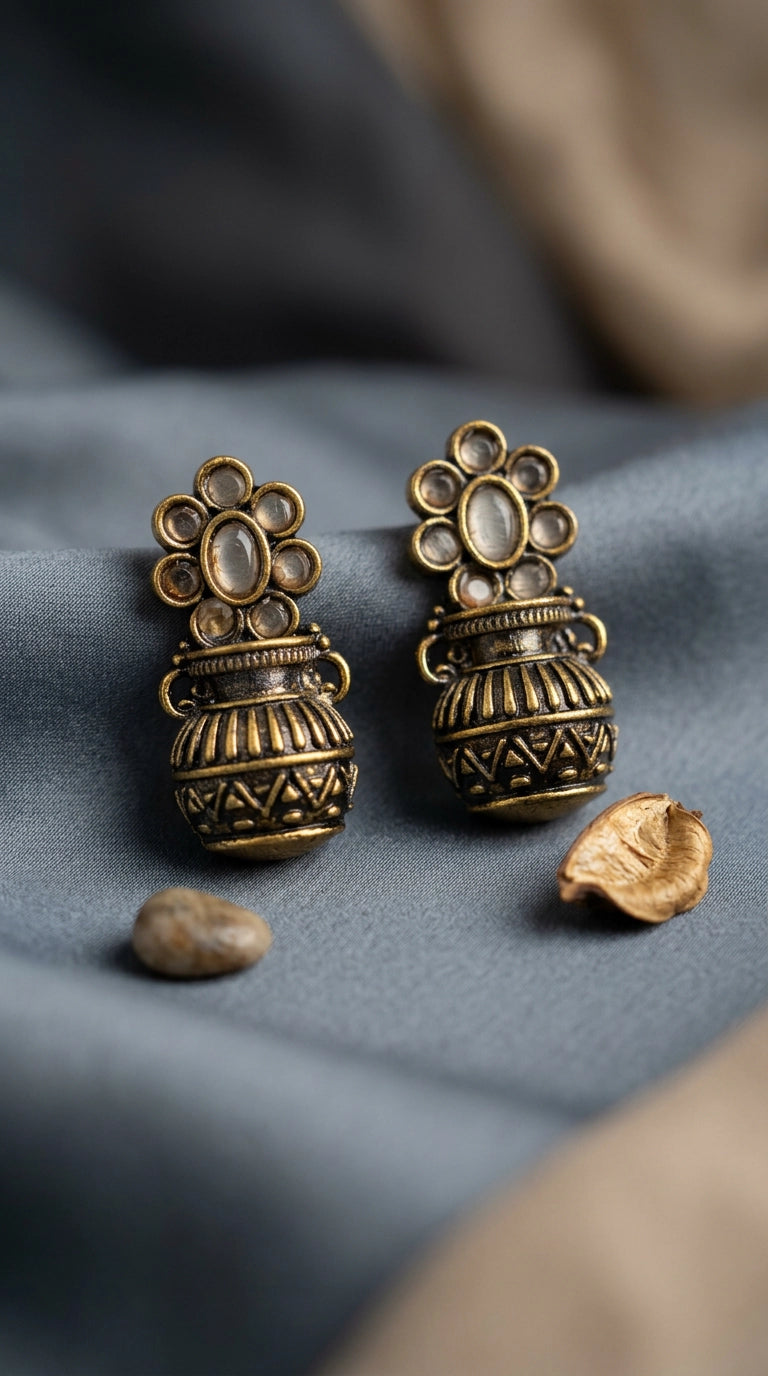 Grey Antique Gold-Tone Floral Stud Jhumka Earrings with Champagne Crystal Petal Design